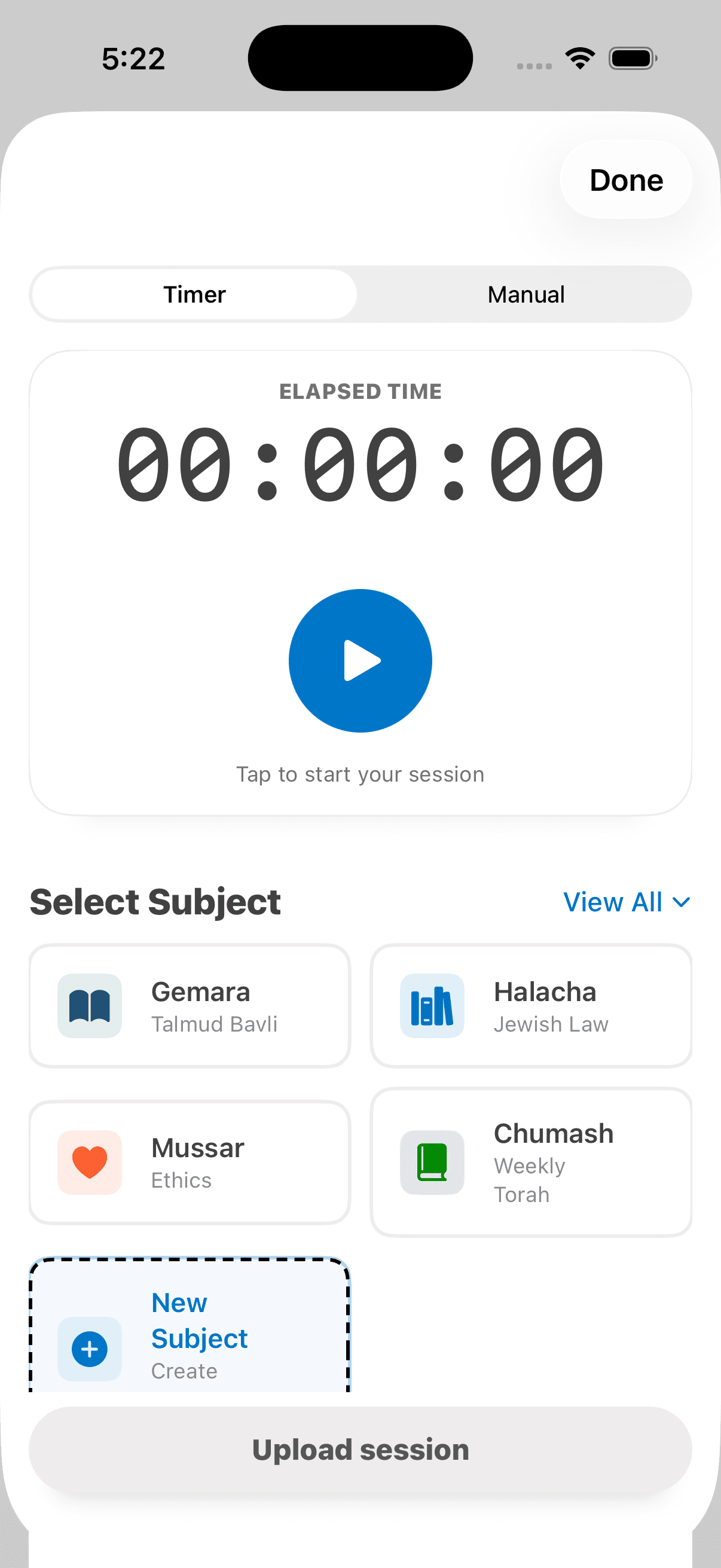 Amud iOS log entry screen for recording Torah learning progress.