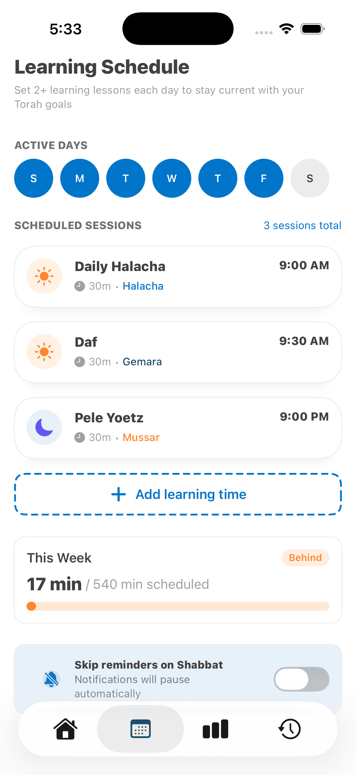 Amud iOS schedules screen for Torah learning goals and routines.